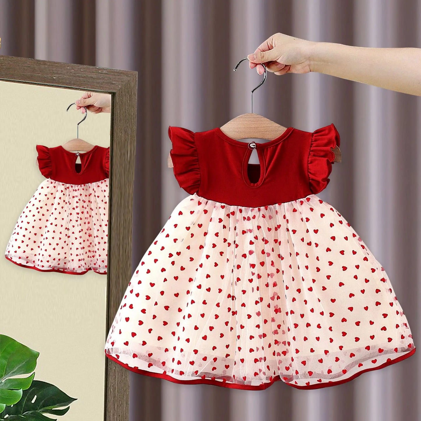 HeartGlow – Red Mesh Tutu Dress with Embroidered Hearts & Bow for Baby Girls