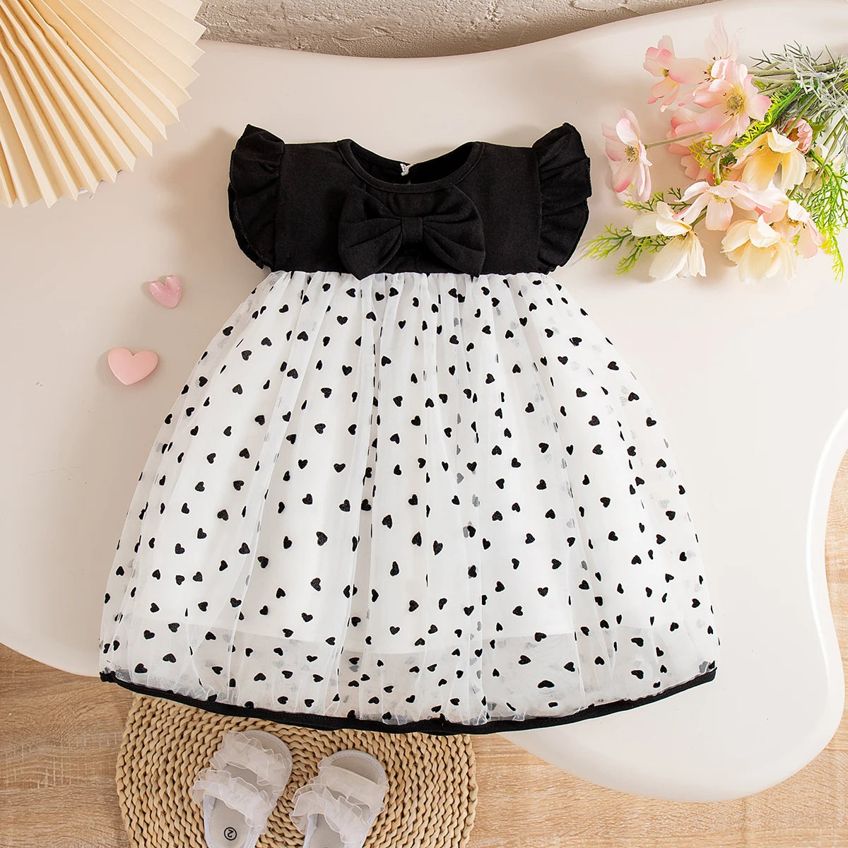 HeartGlow – Red Mesh Tutu Dress with Embroidered Hearts & Bow for Baby Girls