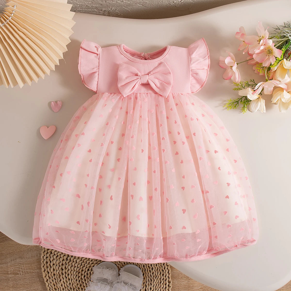 HeartGlow – Red Mesh Tutu Dress with Embroidered Hearts & Bow for Baby Girls
