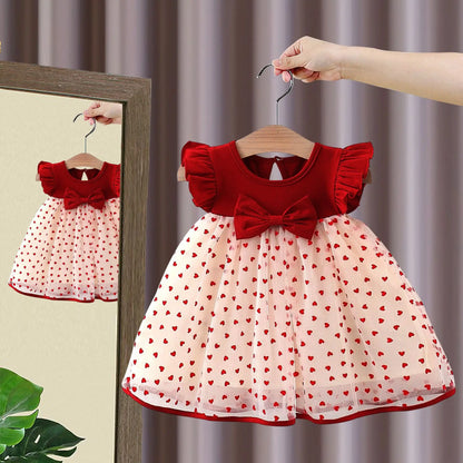 HeartGlow – Red Mesh Tutu Dress with Embroidered Hearts & Bow for Baby Girls